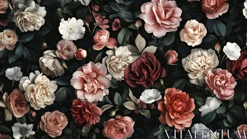 Dark Floral Composition with Pink, White, and Red Roses