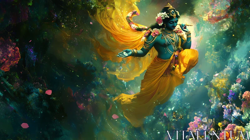 Celestial blue deity in luminous floral nebula, golden drapery