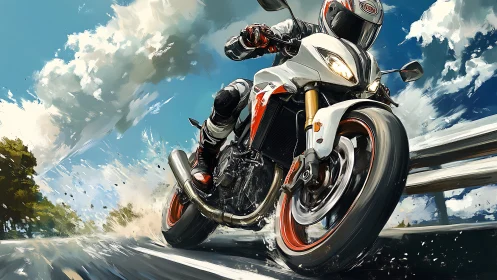 Sunlit highway sprint with a bold white sport motorcycle.