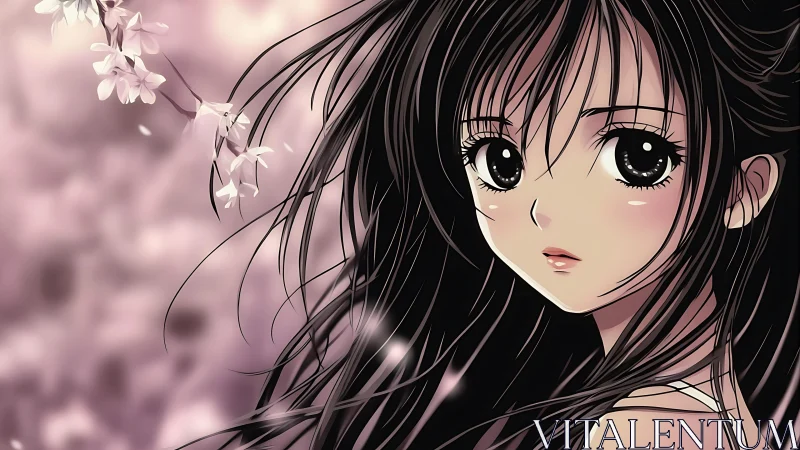 Anime girl gazes sideways beside soft pink blossoms