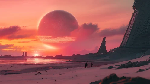 Binary moonrise over desert outpost with towering monoliths.