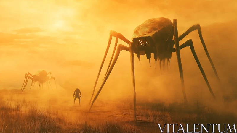 Colossal spider mechs looming over wanderer in burning haze.