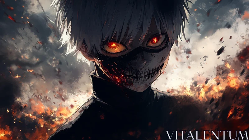 Mask-lit ghoul with ember eyes in a storm of burning dusk.