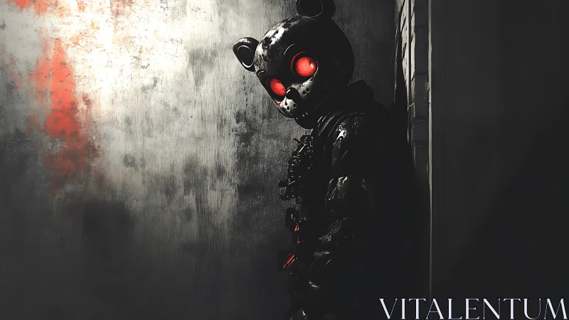 Cyberpunk bear-headed sentinel in tactical armor, low-key lighting.