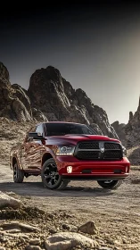 Red off-road pickup truck on rocky desert trail at dusk
