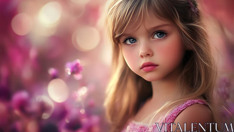 Child in pink dress with soft floral bokeh background.