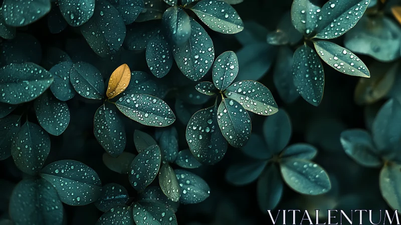 Quiet rain-kissed leaves with one brave golden standout.