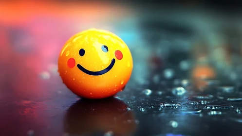 Smiling yellow ball glows against wet pavement in neon light