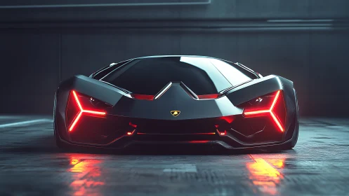 Low frontal view of black concept supercar in dim garage.