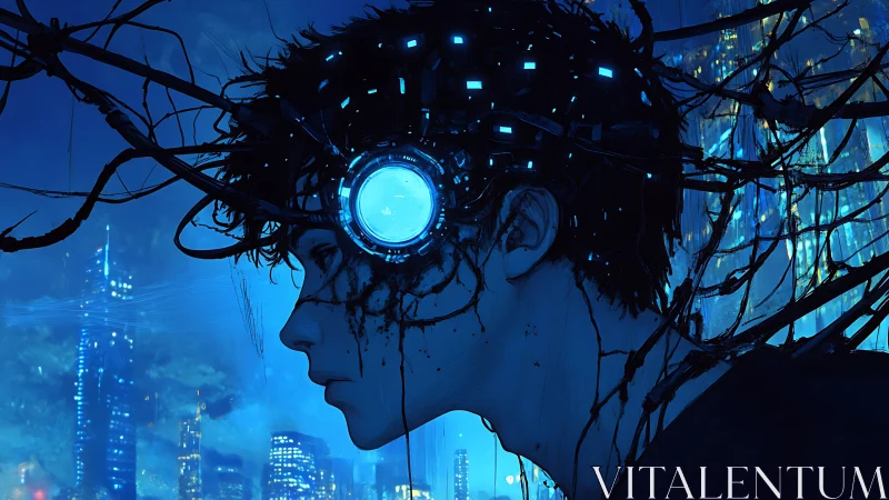 Cybernetic profile portrait shows neural cabling and luminous HUD core