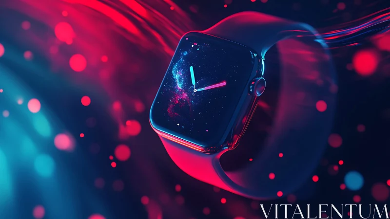 Smartwatch rendered with neon bokeh lighting and cosmic dial