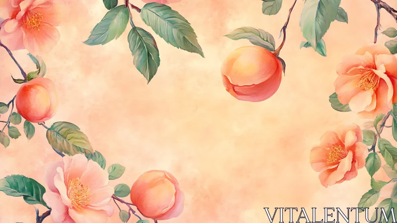 Peach branches and blossoms on soft pastel background.