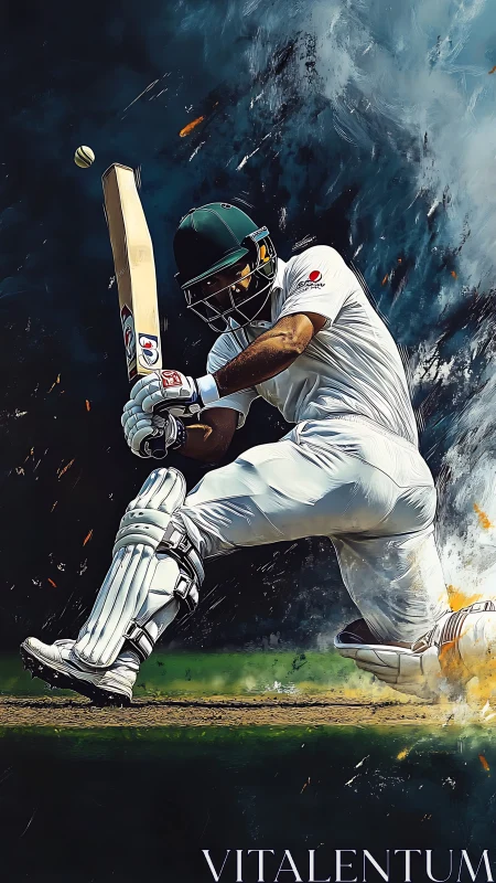 Cricket bat meets thunderous sky in mid-swing magic.