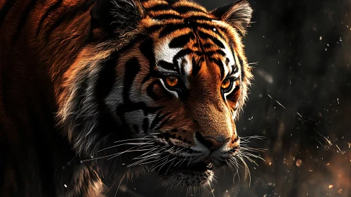 Close-up digital artwork of stalking tiger in dark light.