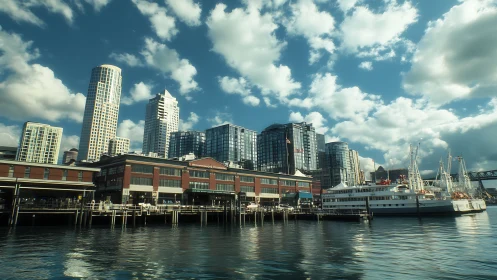Harborfront city skyline reflects across calm urban waterfront