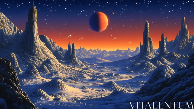 Crimson planet rises over sapphire ice spires at dusk.