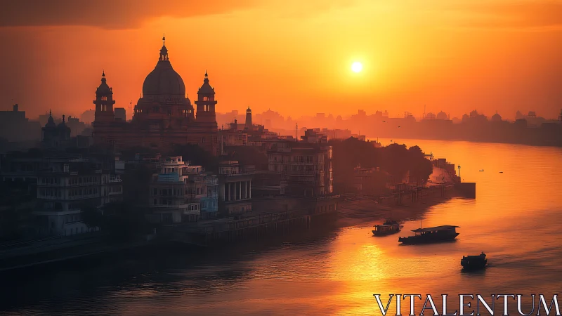 Sunrise haze turns riverside domes into drifting embers of stone