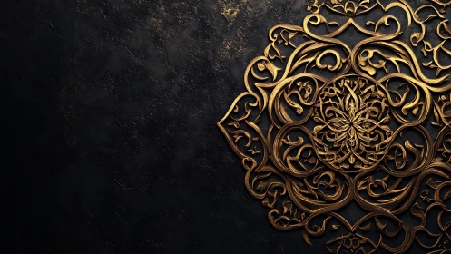 Ornate gold arabesque relief forms radial mandala on dark stone