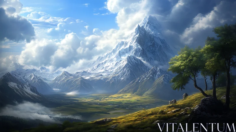 Majestic snowcapped peak above luminous alpine valley.