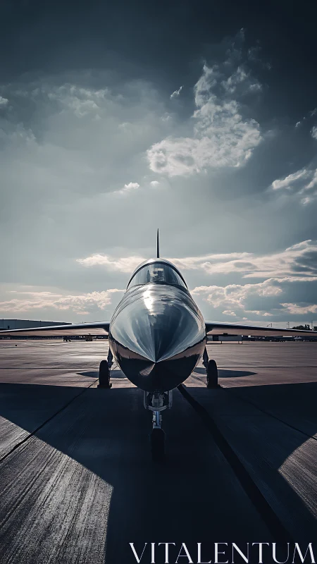 Symmetric frontal study of polished jet aircraft on tarmac.