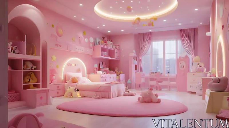 Pink children&rsquo;s bedroom with toys, desk and round ceiling light.