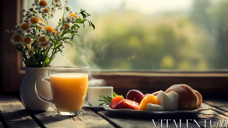 Morning beverage, fruit plate, and flowers on wooden table.