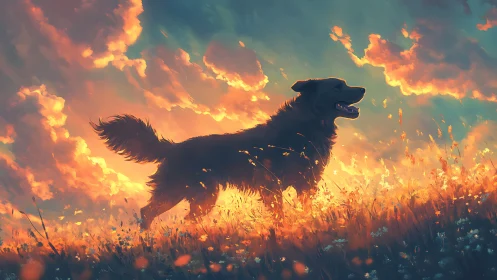 Golden retriever silhouette glows in blazing sunset field.