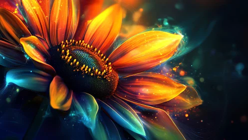 Radiant glowing flower unfurls in a swirl of vivid light