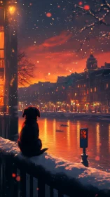 Solitary dog watches snowy canal under fiery winter sunset