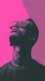 Neon magenta portrait of upward gaze with reflective eyewear