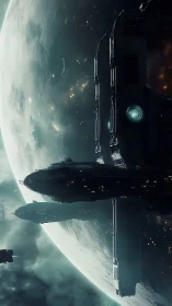 Midnight starships drifting along a misty alien world.