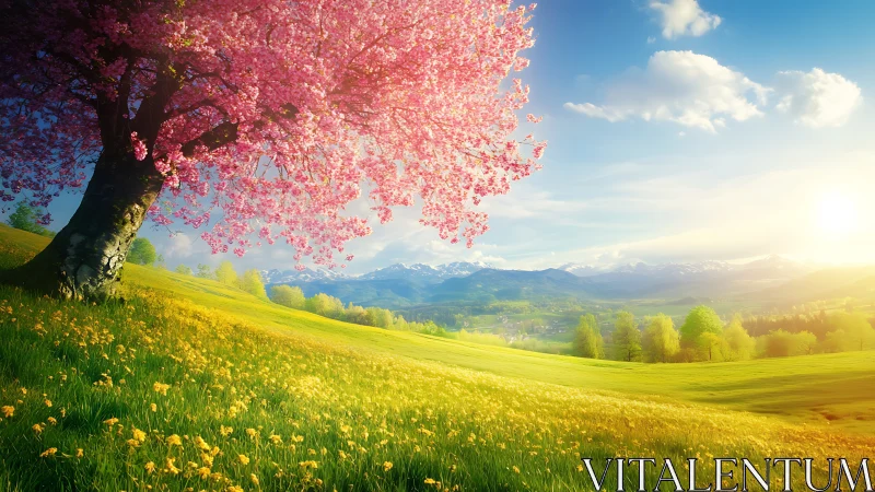 Spring hillside with flowering tree and distant mountain range.
