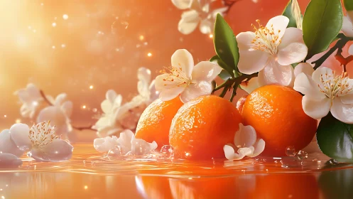Sunlit citrus and blossoms glow over shimmering water.