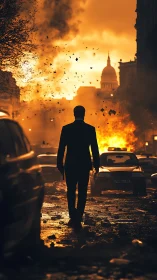 Silhouetted figure walks through burning urban street scene