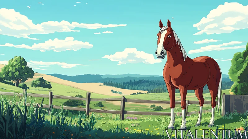 Chestnut horse in fenced rural pasture under blue sky.