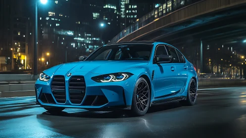 Blue BMW M sedan parked on wet urban street at night time.
