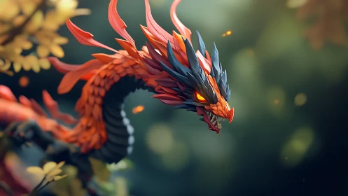 Stylized fire-colored dragon head in soft forest light.