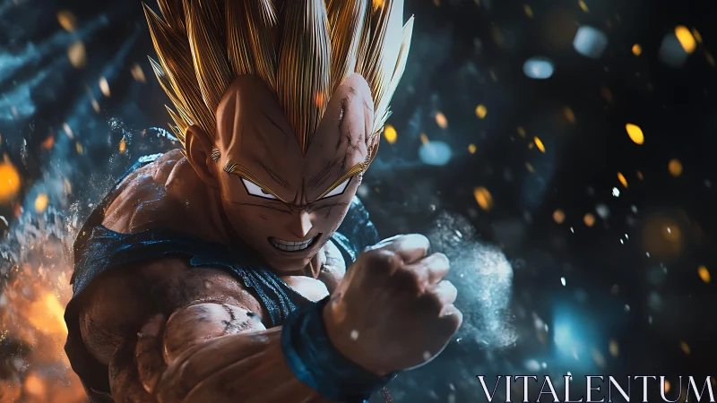 Saiyan warrior unleashes power amid embers and motion blur.