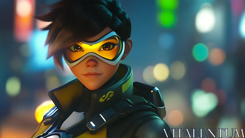 Cyber-hero portrait renders neon-lit streets in stylized 3D