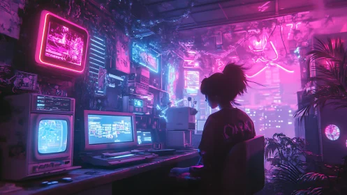 Neon-drenched coder conducts midnight magic in a pink storm