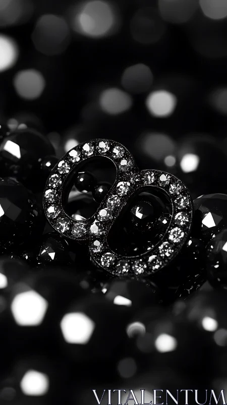 Diamond encrusted infinity charm rests among dark beads