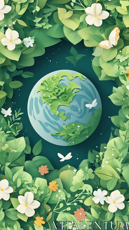 Earth cradled in paper-cut garden bloom and gentle wings.