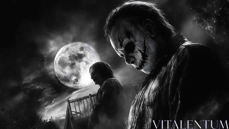 Haunted masked figure broods beneath an ominous full moon.