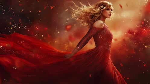 Flame hued gown in dynamic motion against ember lit backdrop