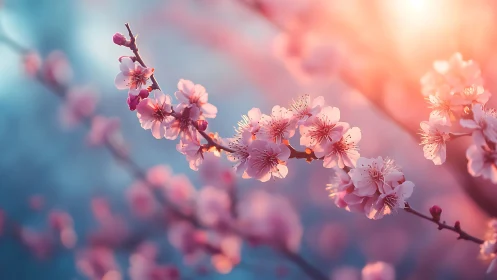 Pink Blossom Branches Against Soft Gradient Sky.