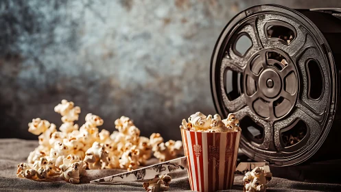 Cinematic popcorn still life aligns vintage film reel aesthetics