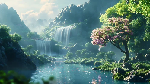 Digital fantasy valley shows waterfalls, lake and flowering tree