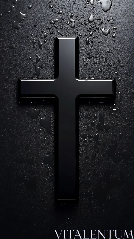 Glossy black cruciform emblem on wet textured substrate.