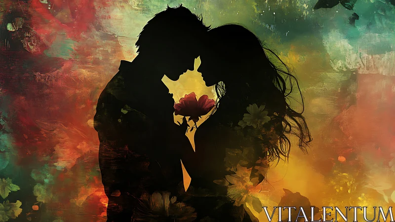 Silhouetted Couple Embracing Among Floral Garden Digital Composition.