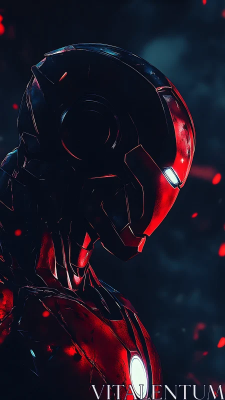 Armored cyber hero glows in embers against a dark sky.